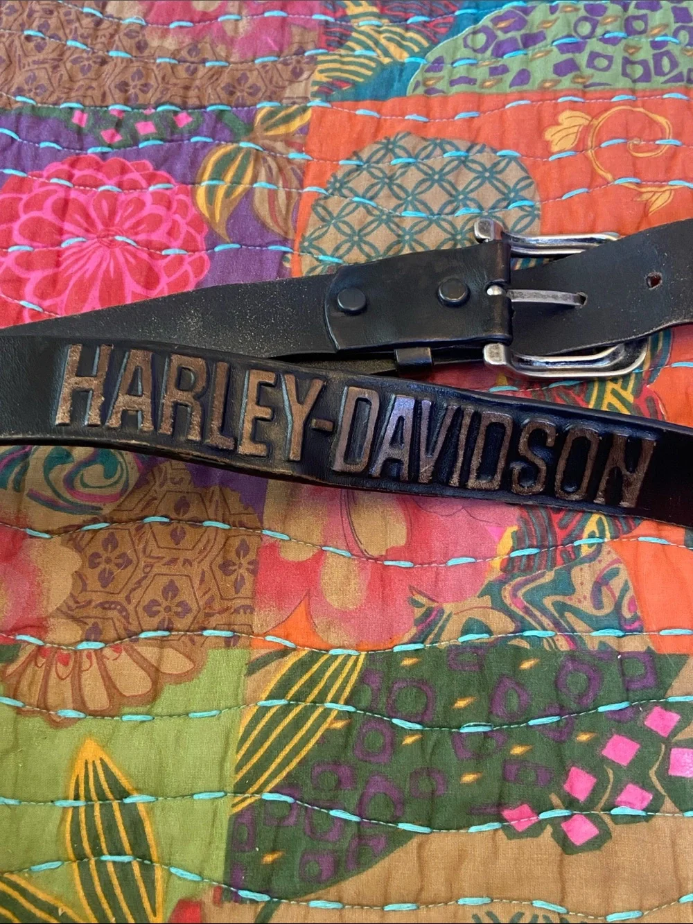 Harley-Davidson Black Leather Belt with Flaming Skull Embossed Detail 40w